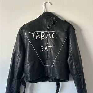 Edgy DISTRESSED Black Leather Jacket with Graphic Design